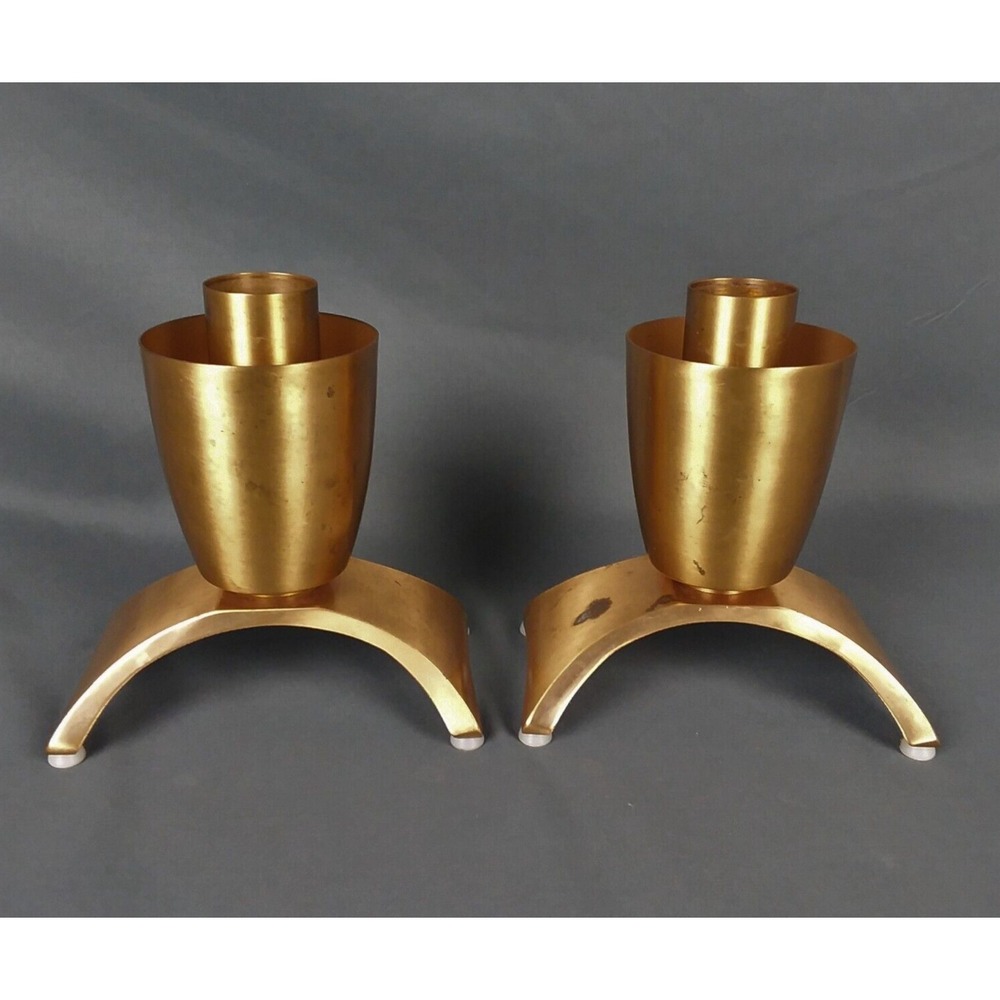 Vintage Pair Solid Brass Candle Holders Art Deco Heavy